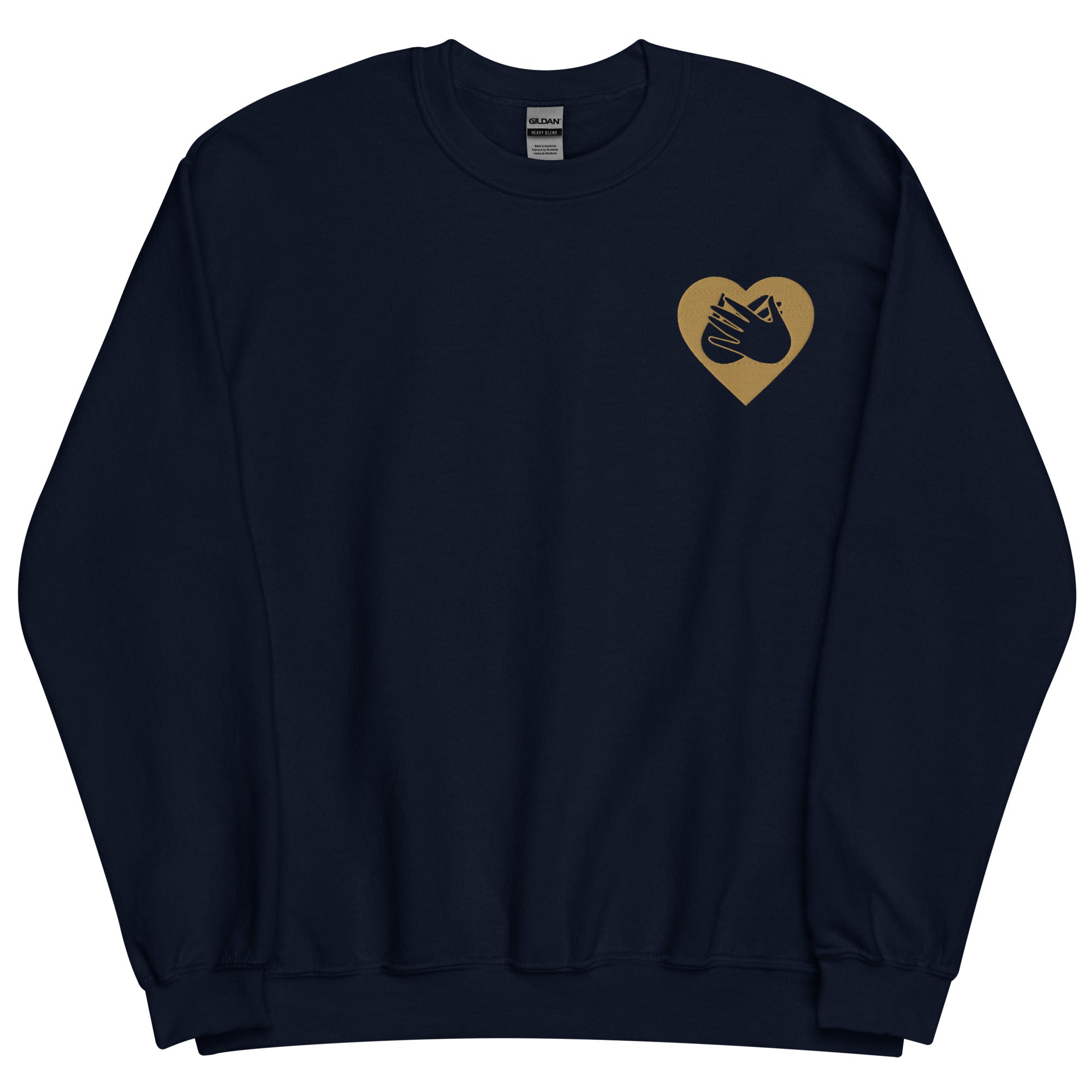 Front view of a navy sweatshirt showing a gold coloured heart and the iconic BSL Love sign embedded in it on the left side of the chest