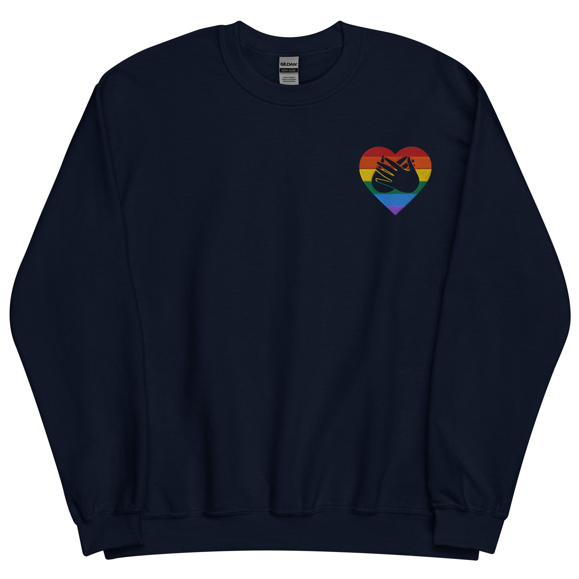 Front view of a navy sweatshirt showing a pride coloured heart and the iconic BSL Love sign embedded in it on the left side of the chest