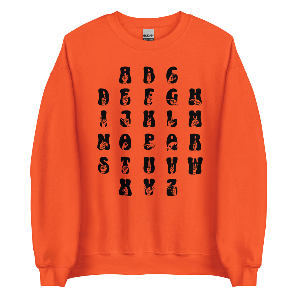 Front view of an orange sweatshirt with ASL Alphabet - Black Fingerspelling & Text