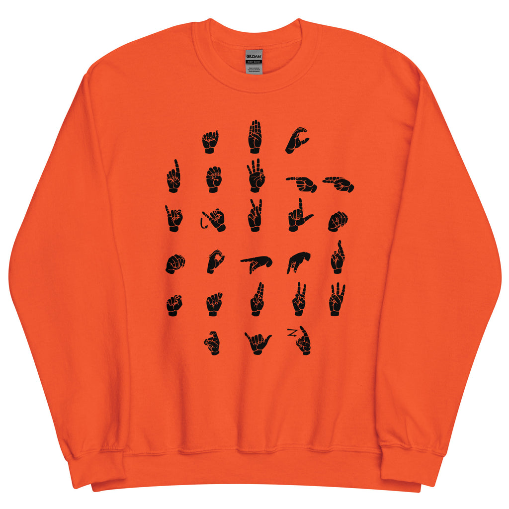 Front view of an orange sweatshirt with ASL Alphabet - Black Fingerspelling