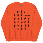 Front view of an orange sweatshirt with ASL Alphabet - Black Fingerspelling