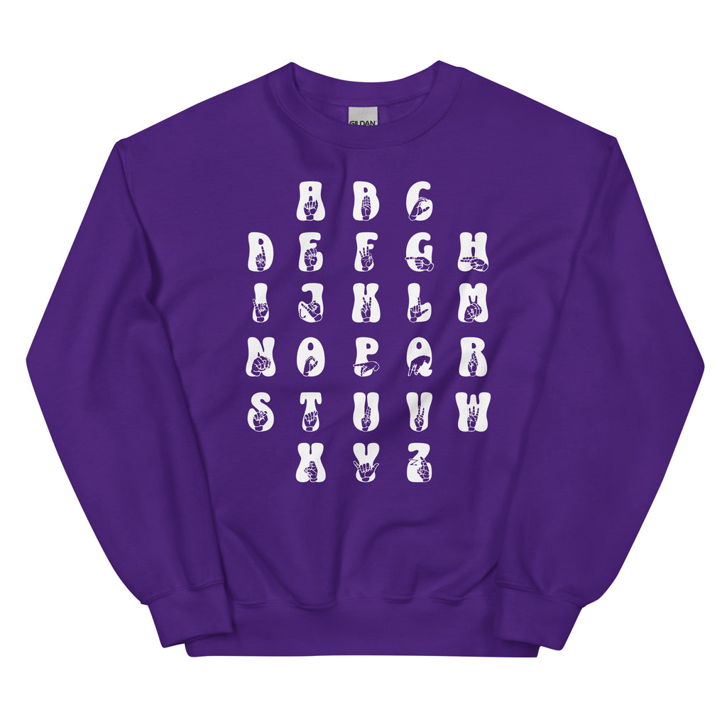 Front view of a purple sweatshirt with ASL Alphabet - White Fingerspelling & Text