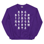 Front view of a purple sweatshirt with ASL Alphabet - White Fingerspelling & Text