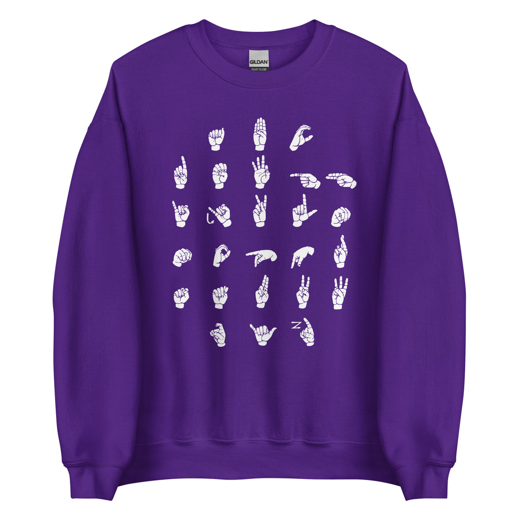 Front view of a purple sweatshirt with ASL Alphabet - White Fingerspelling