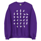 Front view of a purple sweatshirt with ASL Alphabet - White Fingerspelling