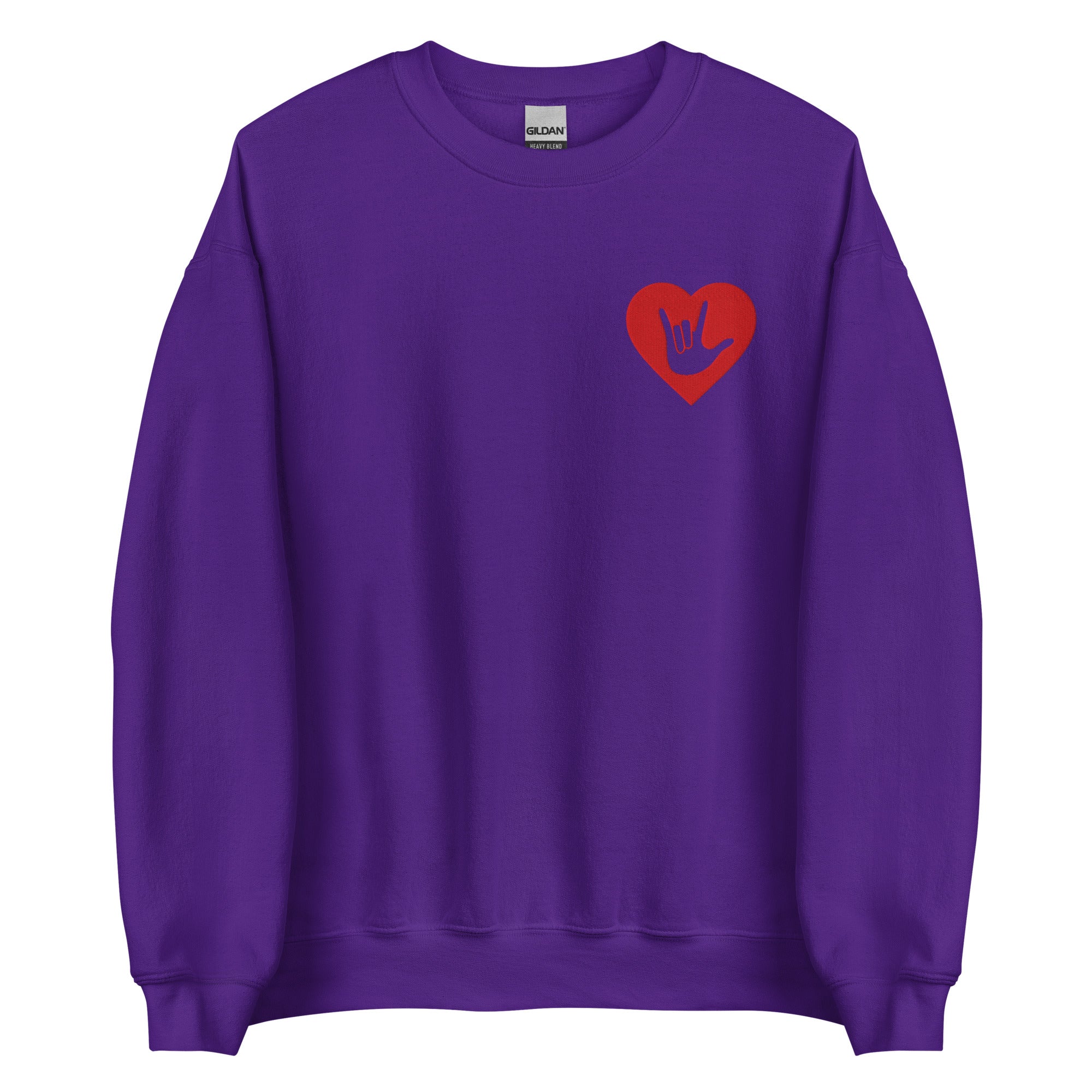 Front view of a purple sweatshirt showing a red coloured heart and the iconic ASL I Love You sign embedded in it on the left side of the chest