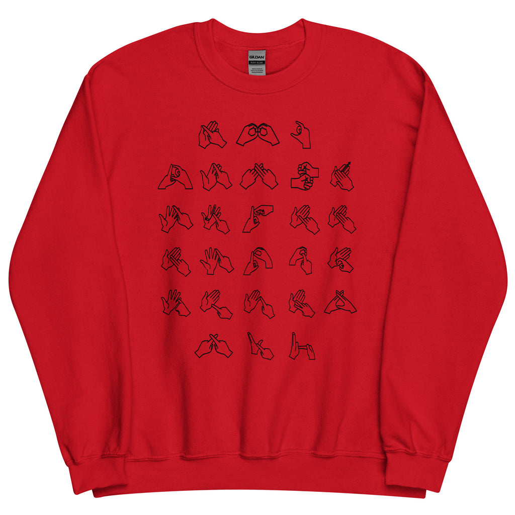 Front view of a red sweatshirt with BSL Alphabet - Black Fingerspelling