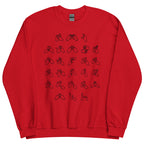 Front view of a red sweatshirt with BSL Alphabet - Black Fingerspelling