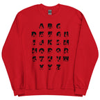 Front view of a red sweatshirt with BSL Alphabet - Black Fingerspelling & Text