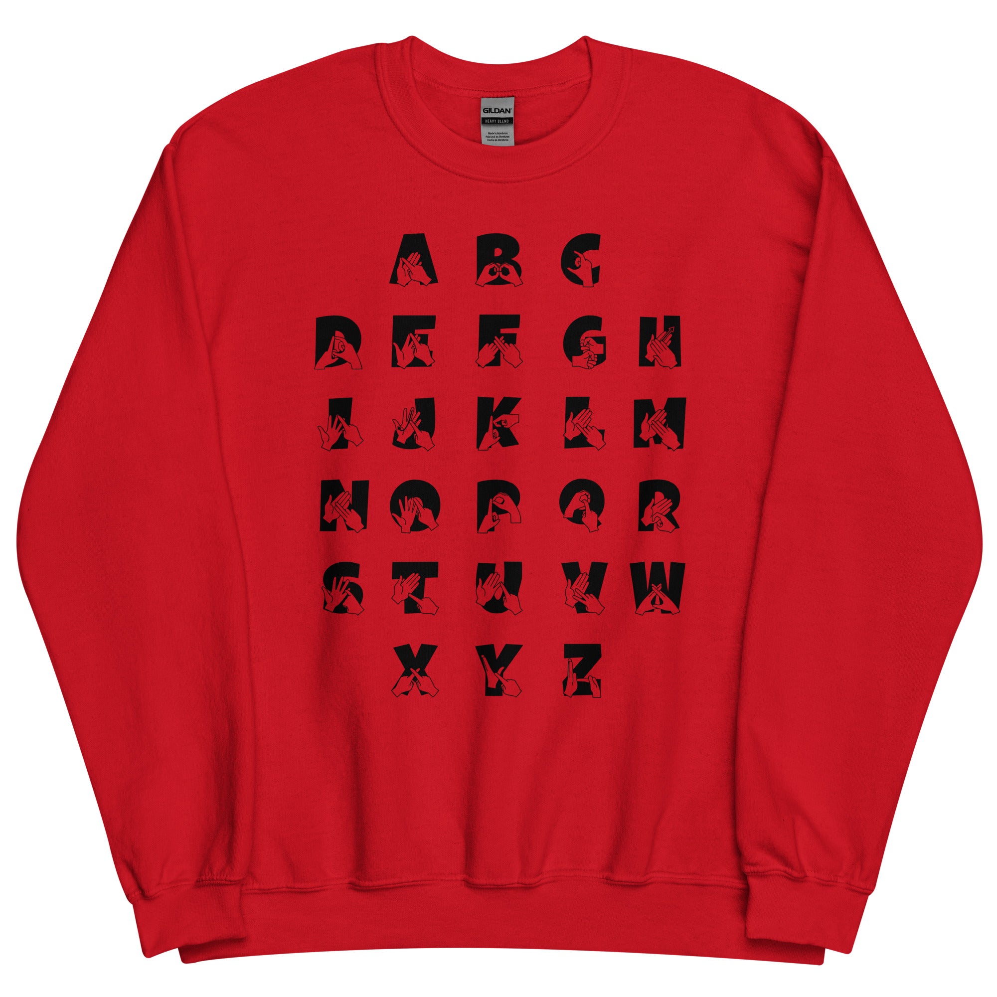 Front view of a red sweatshirt with BSL Alphabet - Black Fingerspelling & Text