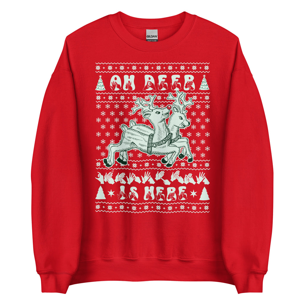 Red coloured Oh Deer Christmas Is Here sweatshirt with reindeers, snowflakes and BSL design.
