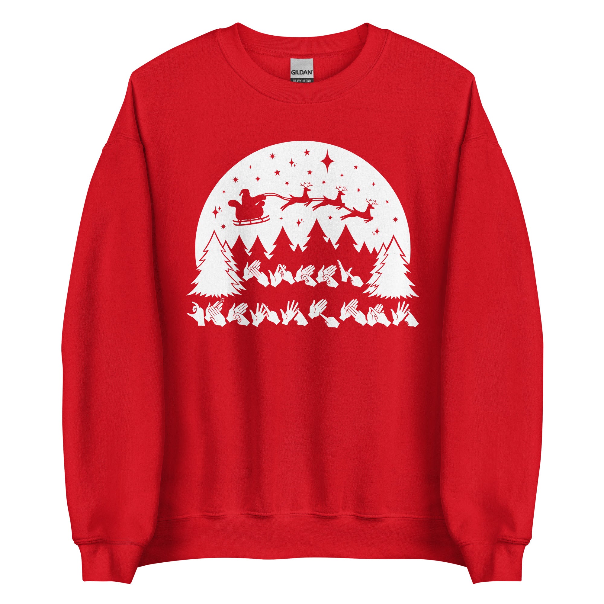 Red coloured Merry Christmas sweatshirt with Santa on his sleigh and BSL design.