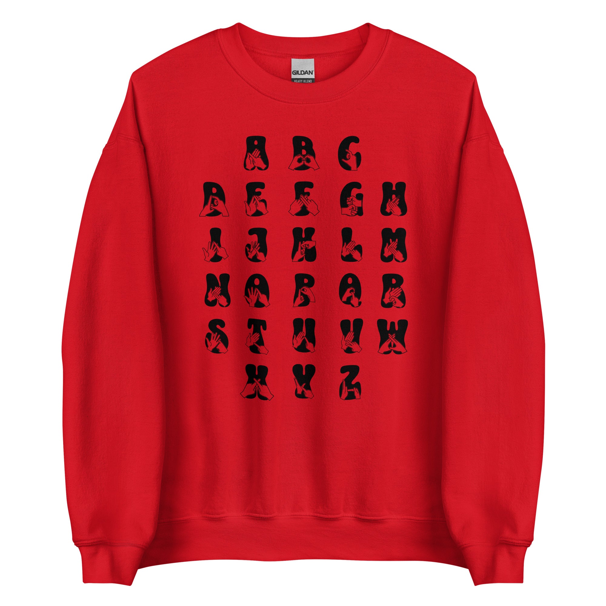 Front view of a red sweatshirt with BSL Alphabet - Black Fingerspelling & Text