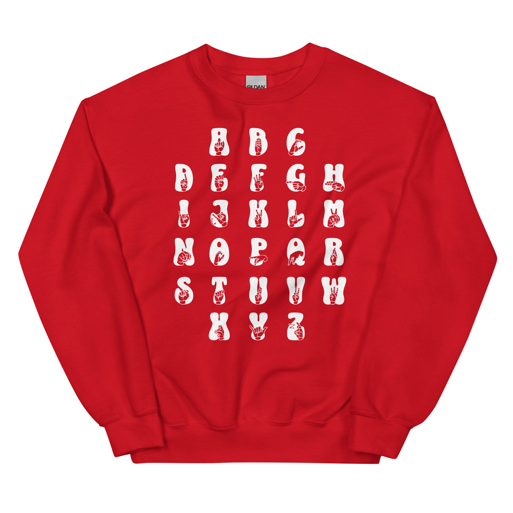 Front view of a red sweatshirt with ASL Alphabet - White Fingerspelling & Text
