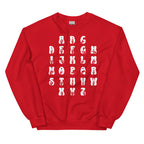 Front view of a red sweatshirt with ASL Alphabet - White Fingerspelling & Text