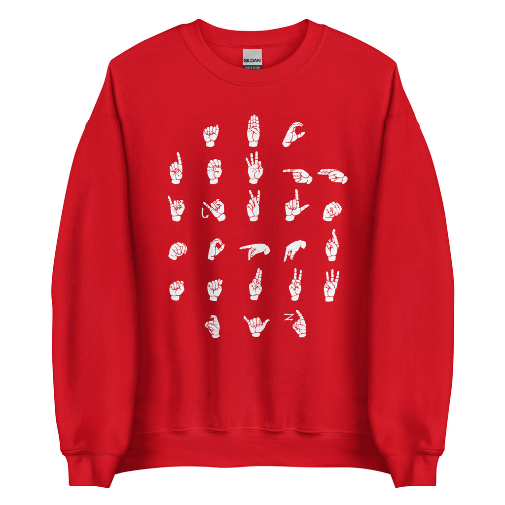 Front view of a red sweatshirt with ASL Alphabet - White Fingerspelling