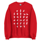Front view of a red sweatshirt with ASL Alphabet - White Fingerspelling