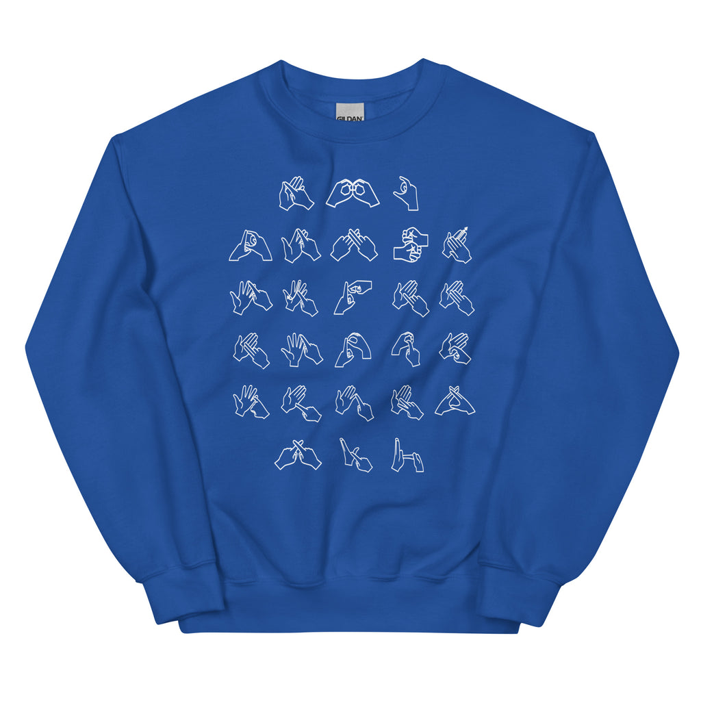 Front view of a royal sweatshirt with BSL Alphabet - White Fingerspelling