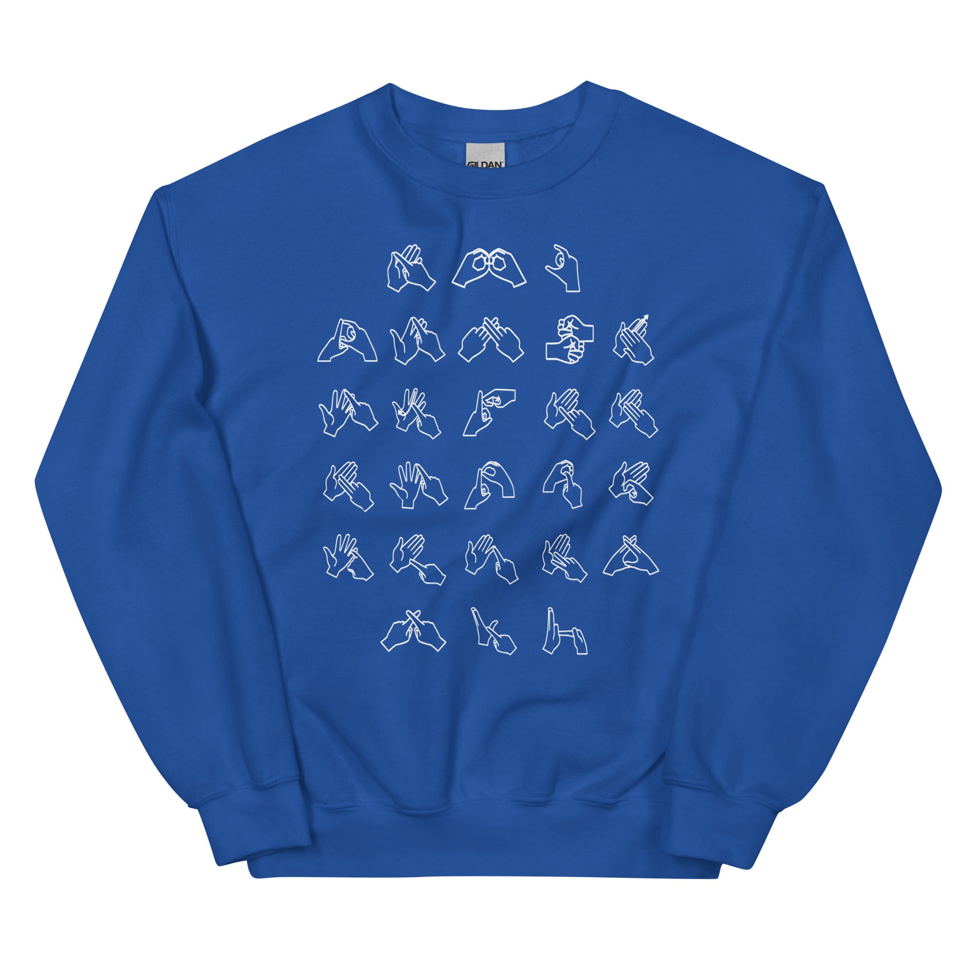 Front view of a royal sweatshirt with BSL Alphabet - White Fingerspelling