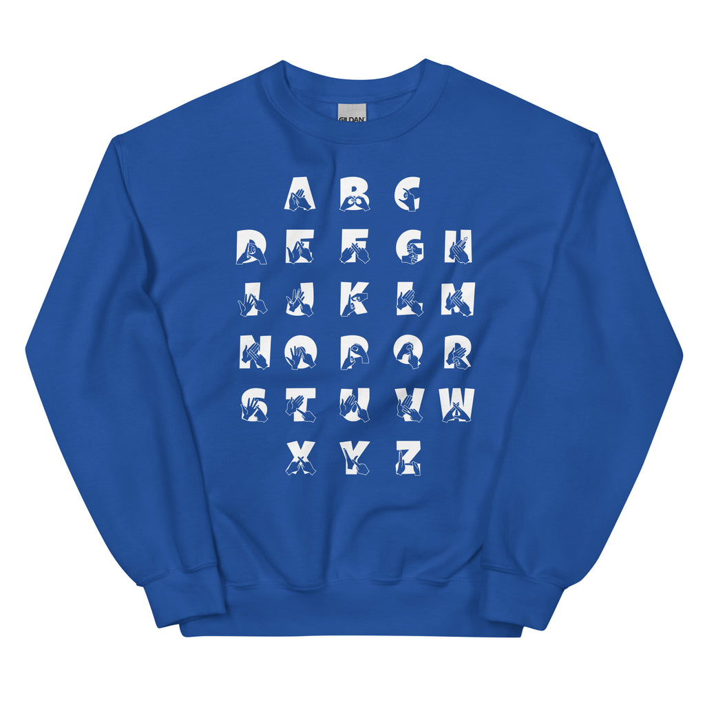 Front view of a royal sweatshirt with BSL Alphabet - White Fingerspelling & Text