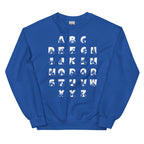Front view of a royal sweatshirt with BSL Alphabet - White Fingerspelling & Text