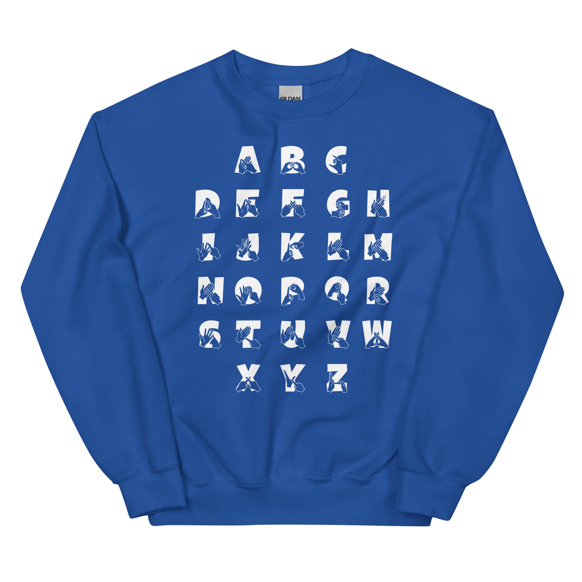 Front view of a royal sweatshirt with BSL Alphabet - White Fingerspelling & Text