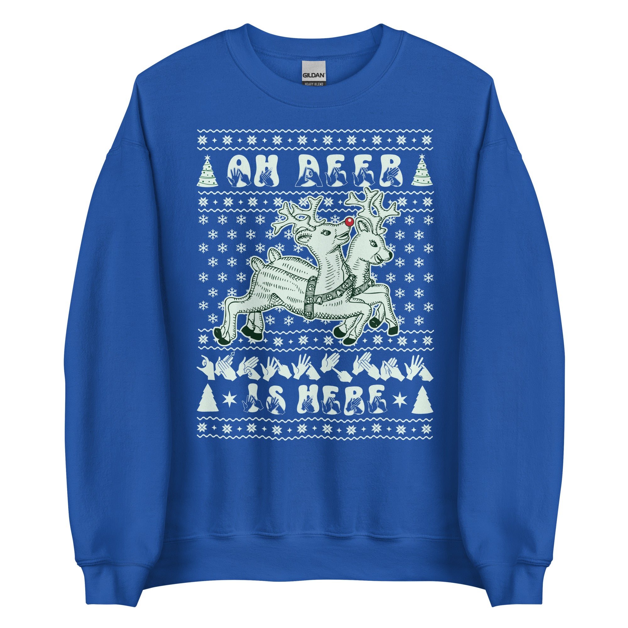 Royal coloured Oh Deer Christmas Is Here sweatshirt with reindeers, snowflakes and BSL design.