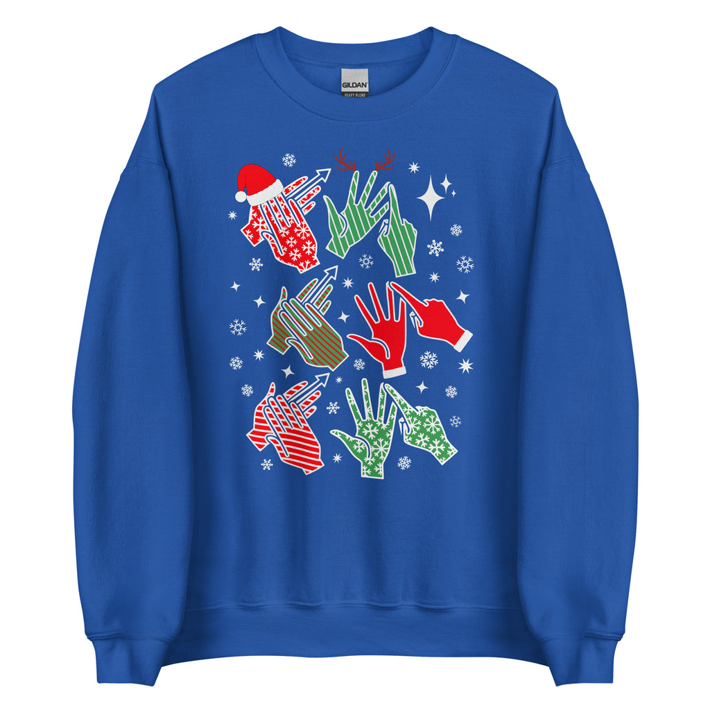Royal coloured Merry Christmas sweatshirt saying HO HO HO and BSL fingerspelling.
