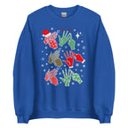 Royal coloured Merry Christmas sweatshirt saying HO HO HO and BSL fingerspelling.