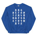 Front view of a royal sweatshirt with ASL Alphabet - White Fingerspelling & Text