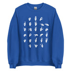 Front view of a blue sweatshirt with ASL Alphabet - White Fingerspelling