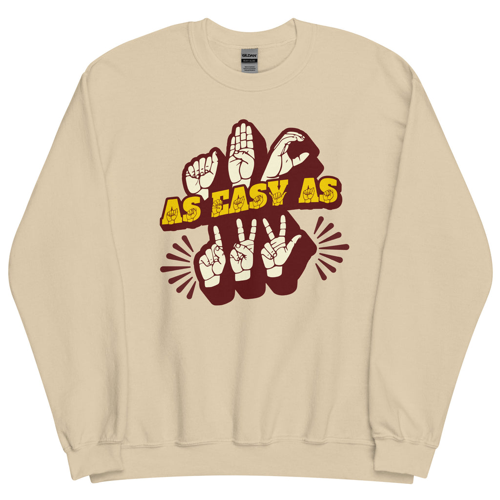 Sand sweatshirt with ‘ABC As Easy As 123’ in ASL fingerspelling and text characters