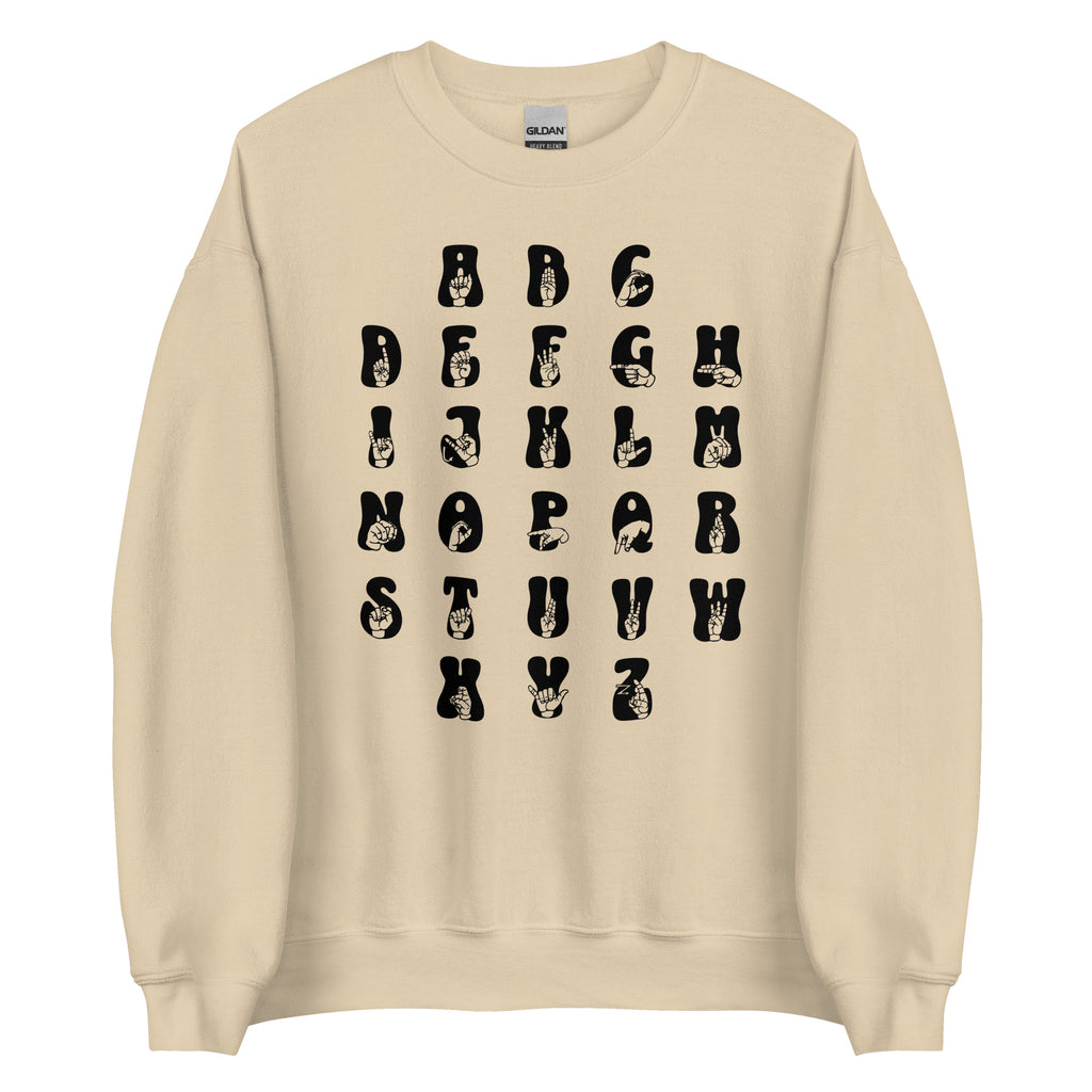 Front view of a sand sweatshirt with ASL Alphabet - Black Fingerspelling & Text