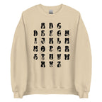 Front view of a sand sweatshirt with ASL Alphabet - Black Fingerspelling & Text