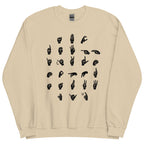 Front view of a sand sweatshirt with ASL Alphabet - Black Fingerspelling