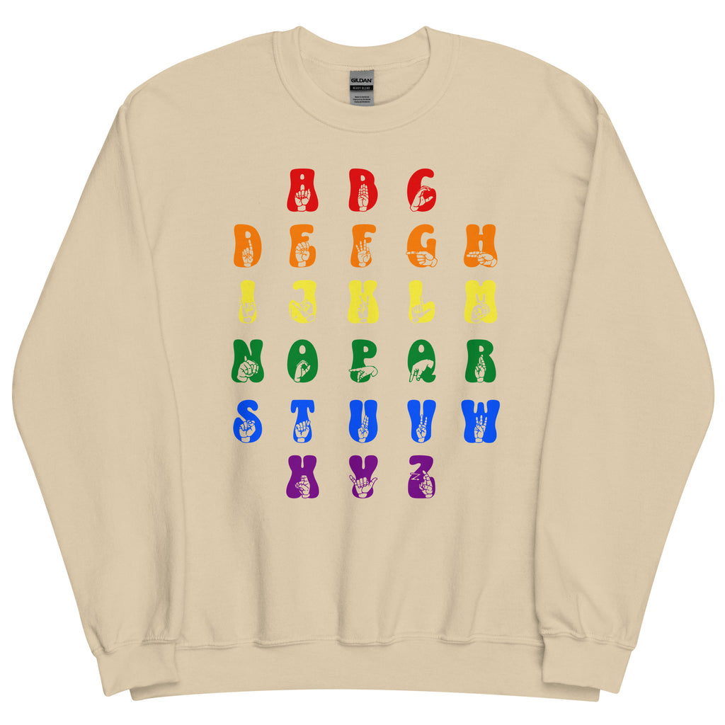 Front view of a sand sweatshirt with ASL Alphabet - Pride Fingerspelling & Text