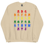 Front view of a sand sweatshirt with ASL Alphabet - Pride Fingerspelling & Text