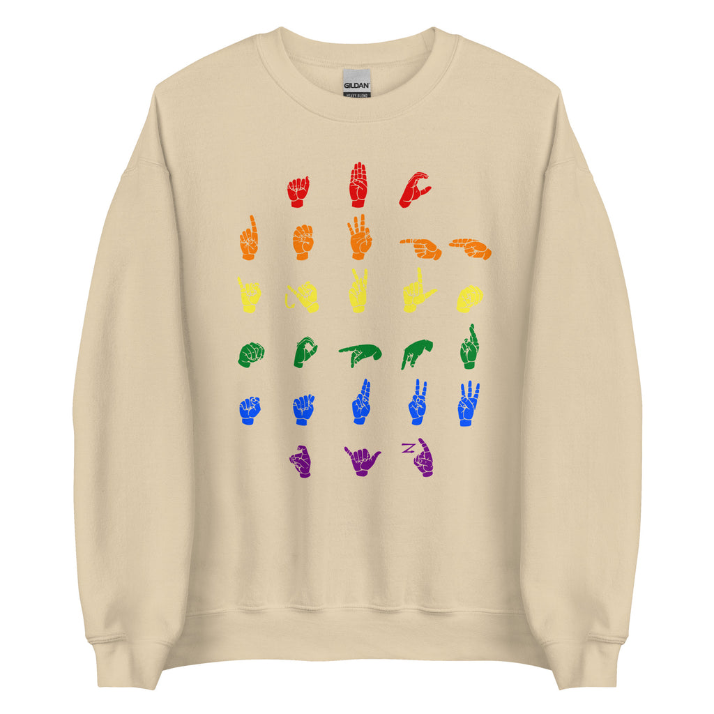 Front view of a sand sweatshirt with ASL Alphabet - Pride Fingerspelling