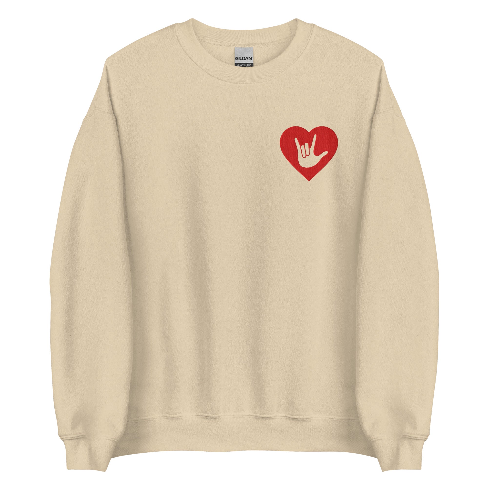 Front view of a sand sweatshirt showing a red coloured heart and the iconic ASL I Love You sign embedded in it on the left side of the chest