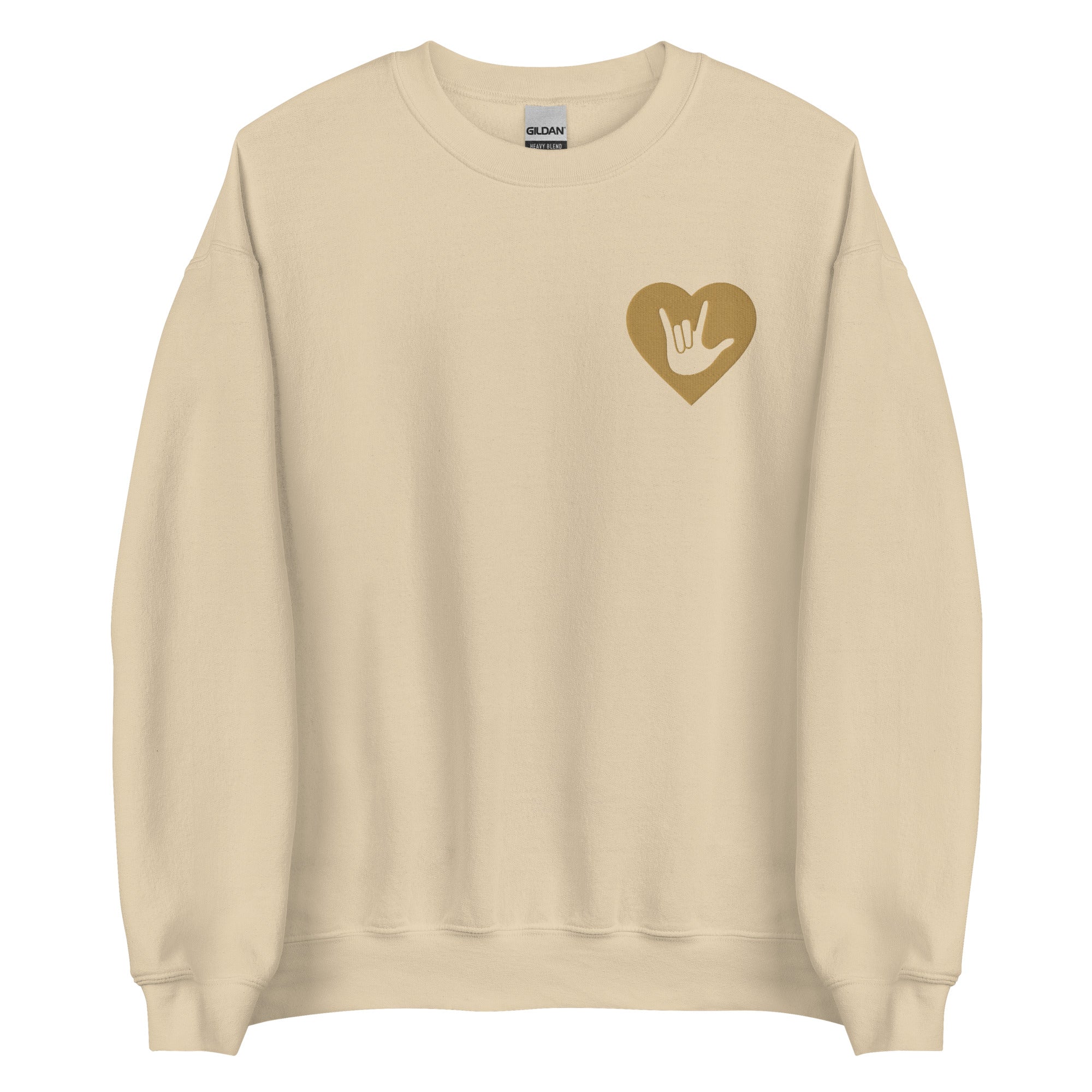 Front view of a sand sweatshirt showing a gold coloured heart and the iconic ASL I Love You sign embedded in it on the left side of the chest