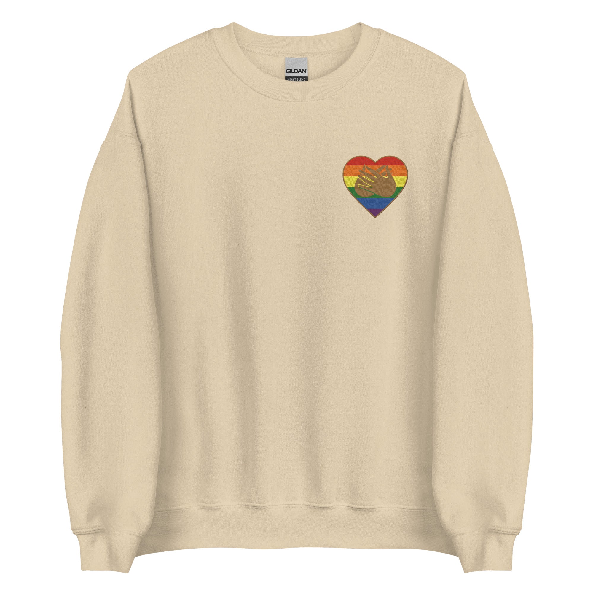 Front view of a sand sweatshirt showing a pride coloured heart and the iconic BSL Love sign embedded in it on the left side of the chest