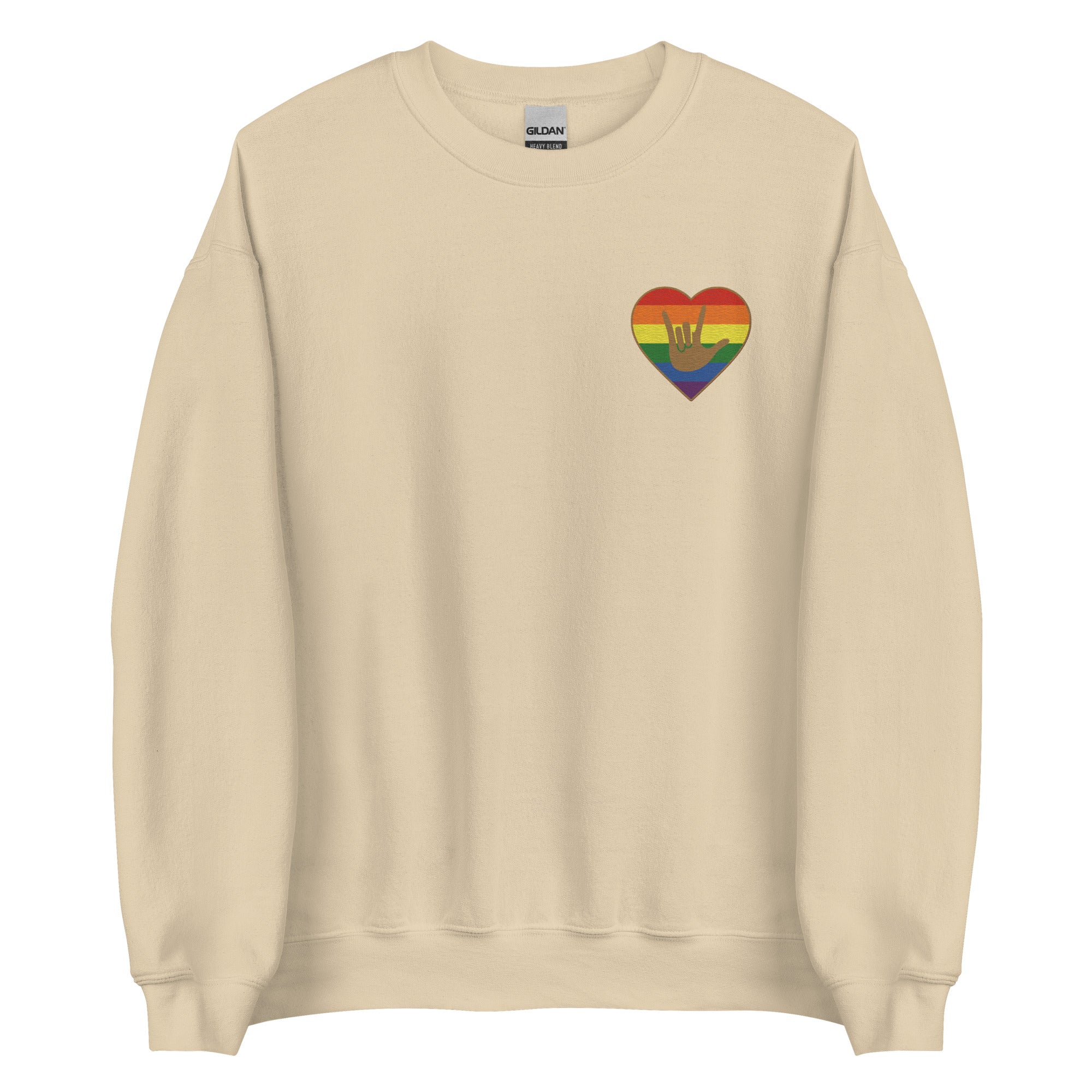 Front view of a sand sweatshirt showing a pride coloured heart and the iconic ASL I Love You sign embedded in it on the left side of the chest