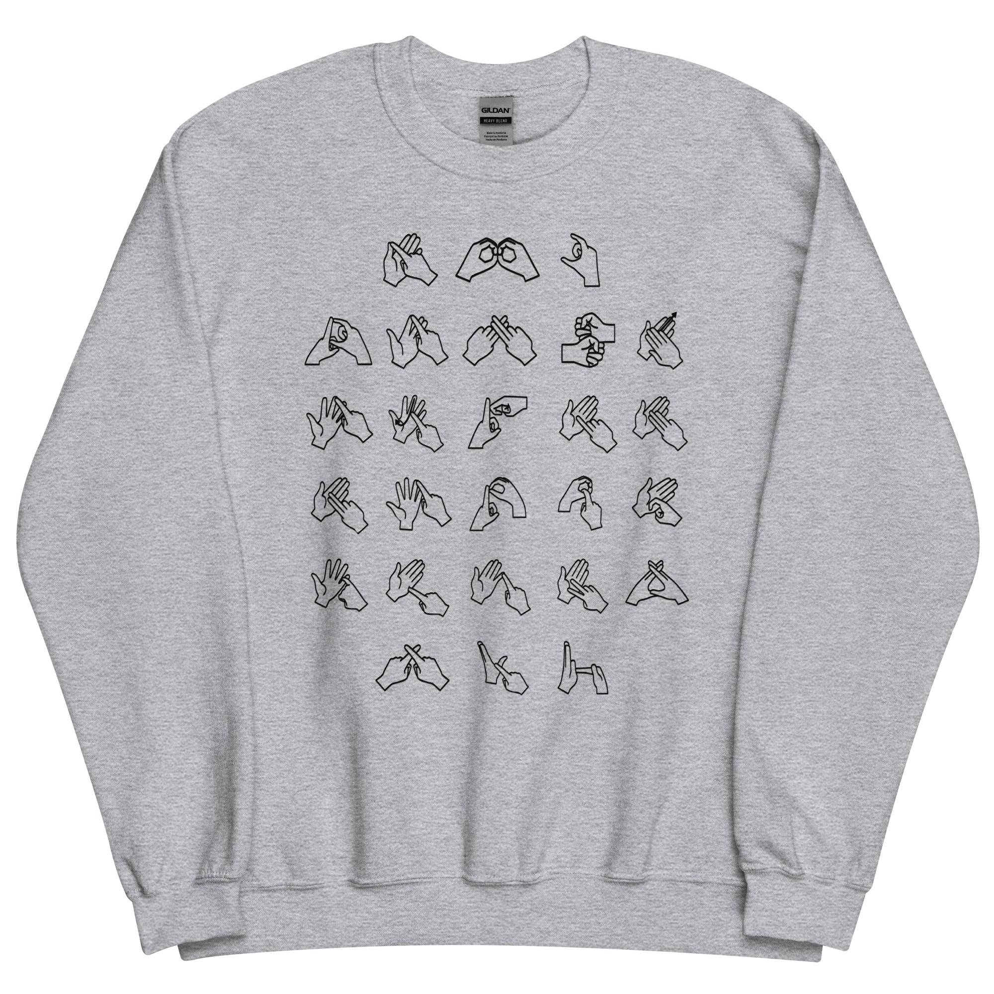 Front view of a sport grey sweatshirt with BSL Alphabet - Black Fingerspelling