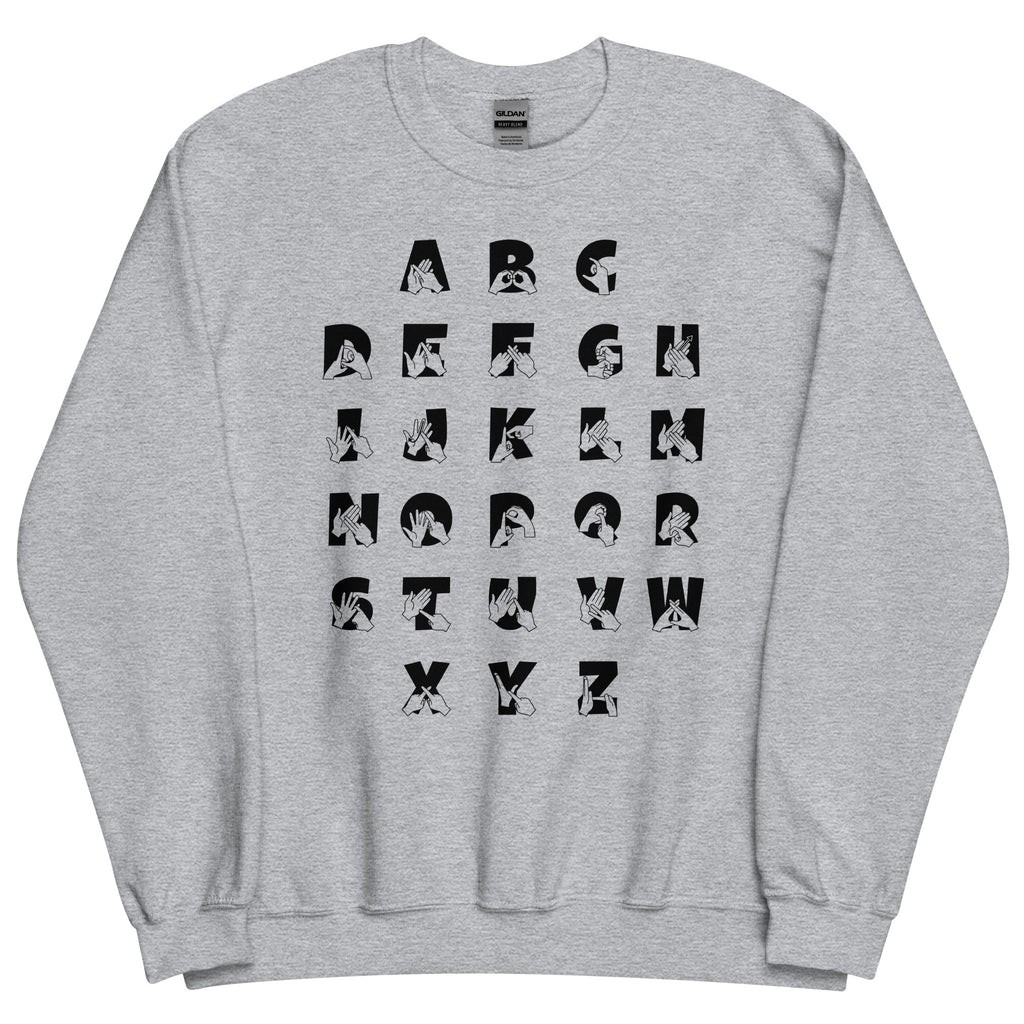 Front view of a sport grey sweatshirt with BSL Alphabet - Black Fingerspelling & Text