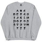 Front view of a sport grey sweatshirt with BSL Alphabet - Black Fingerspelling & Text
