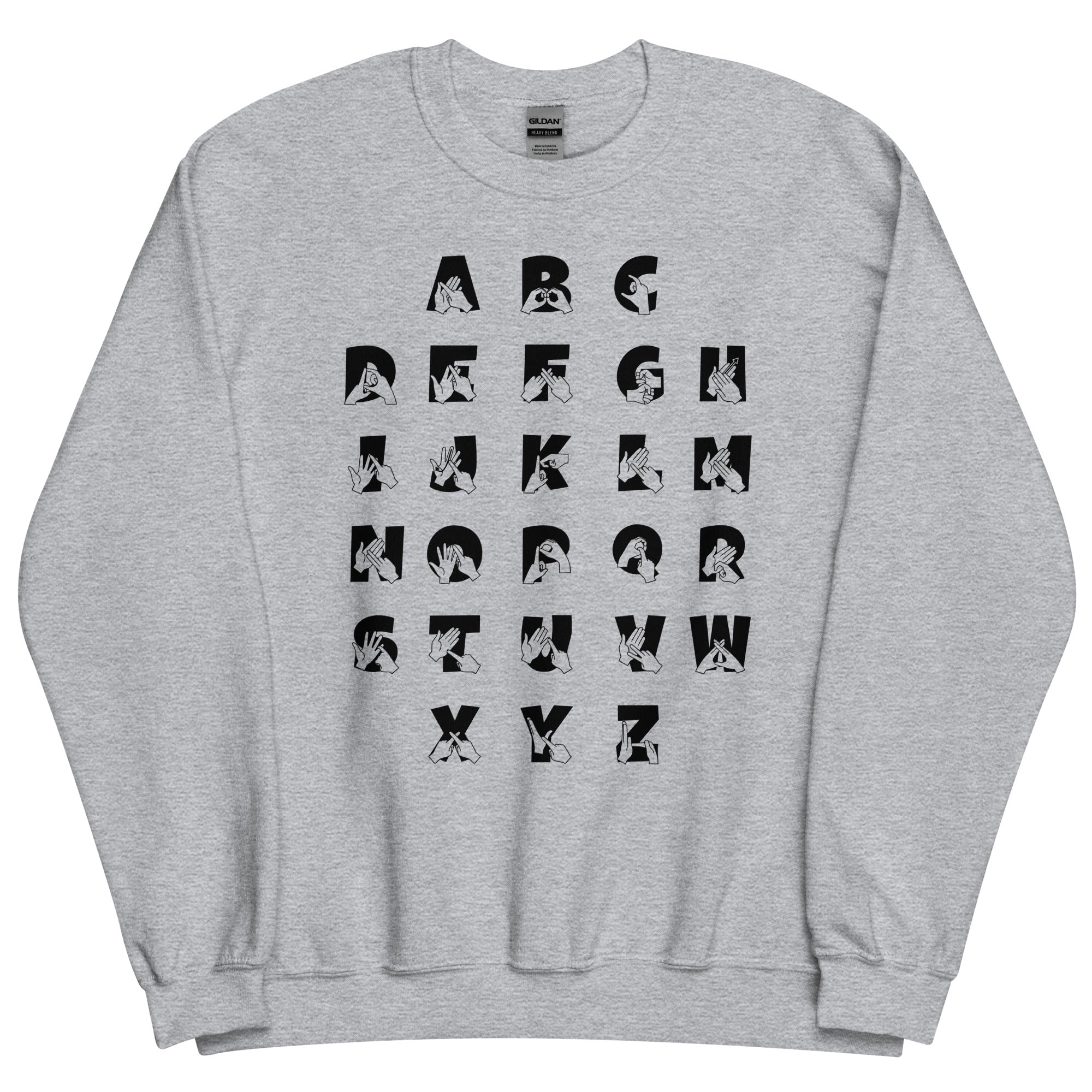 Front view of a sport grey sweatshirt with BSL Alphabet - Black Fingerspelling & Text