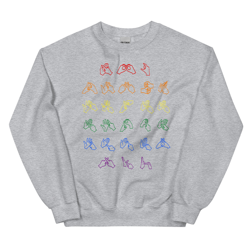Front view of a sport grey sweatshirt with BSL Alphabet - Pride Fingerspelling