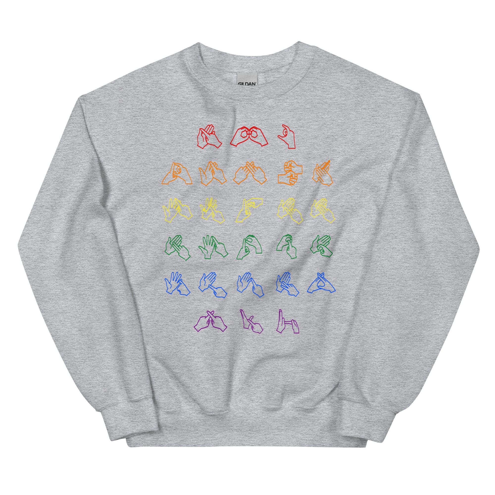 Front view of a sport grey sweatshirt with BSL Alphabet - Pride Fingerspelling