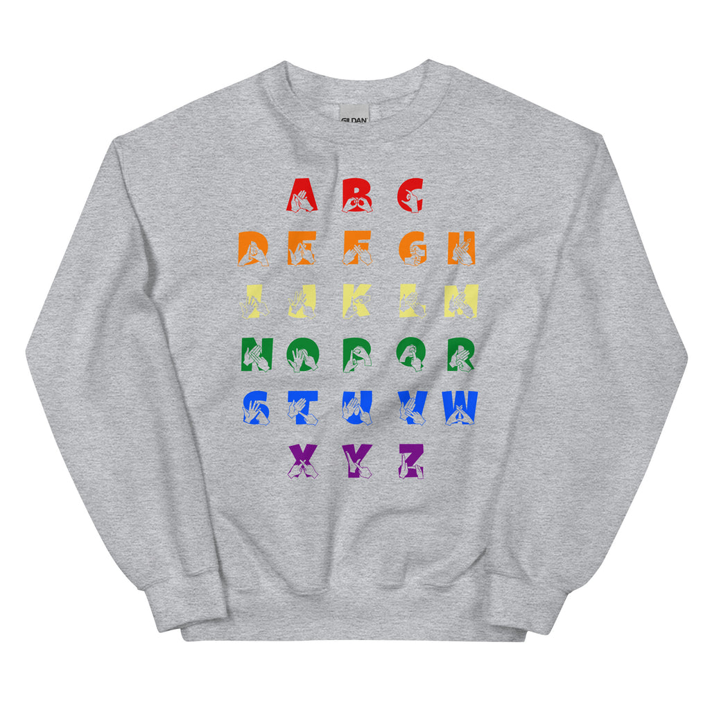 Front view of a sport grey sweatshirt with BSL Alphabet - Pride Fingerspelling & Text