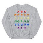 Front view of a sport grey sweatshirt with BSL Alphabet - Pride Fingerspelling & Text